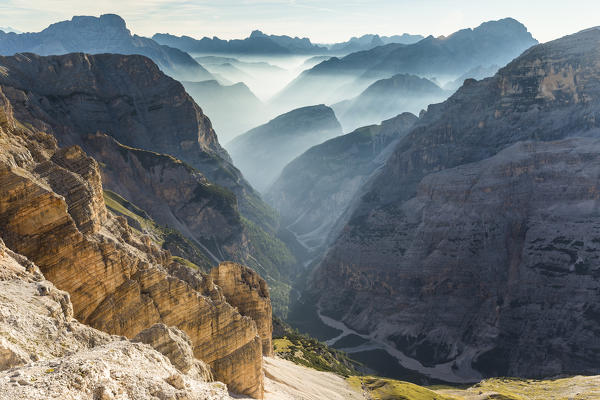 Travenanzes Valley with early morning mist,Cortina d'Ampezzo,Belluno district,Veneto,Italy,Europe