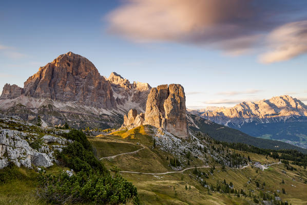 Tofane and Cinque Torri group at sunset,Cortina d'Ampezzo,Belluno district,Veneto,Italy,Europe