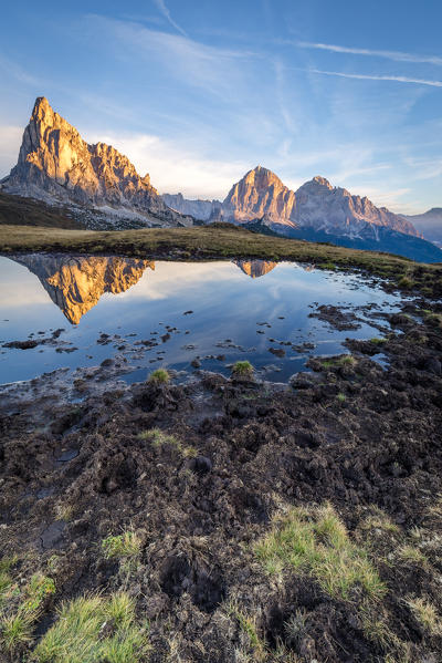 Mount Gusela and Tofane group are mirrored in a pond,Giau pass,Cortina d'Ampezzo,Belluno district,Veneto,Italy,Europe