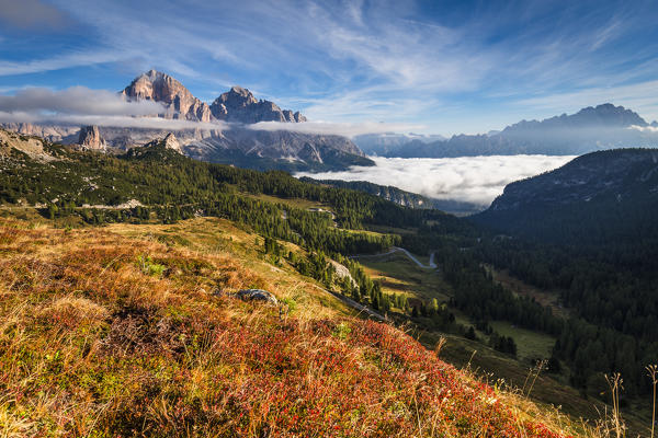 View of Tofane and Cristallo groups from Giau pass,Cortina d'Ampezzo,Belluno district,Veneto,Italy,Europe