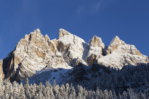 First snow on Peak Anna and Pomèdes Tower,Tofane group,Cortina d'Ampezzo,Belluno district,Veneto,Italy,Europe