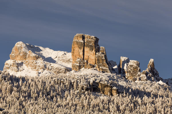 View of mount Averau and Cinque Torri group after a snowfall,Cortina d'Ampezzo,Belluno district,Veneto,Italy,Europe