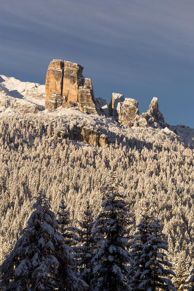 View of Cinque Torri group after a snowfall,Cortina d'Ampezzo,Belluno district,Veneto,Italy,Europe