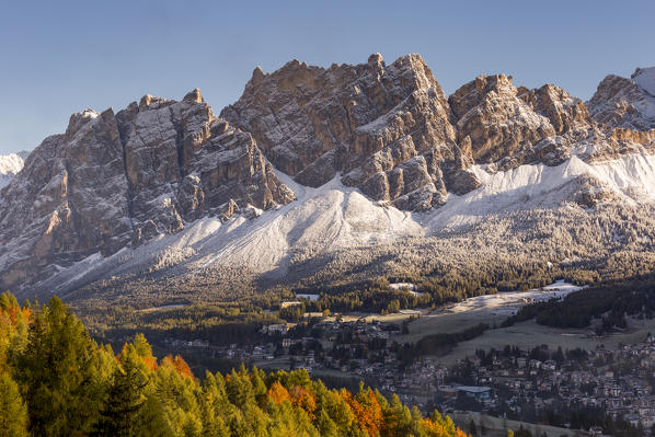 Cortina d'Ampezzo and mount Pomagagnon with the first snow,Belluno district,Veneto,Italy,Europe