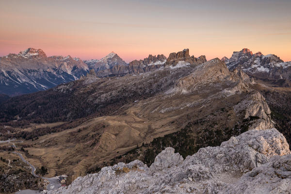 Views of mount Sorapis,mount Antelao,Croda da Lago group and mount Pelmo,Cortina d'Ampezzo,Belluno district,Veneto,Italy,Europe