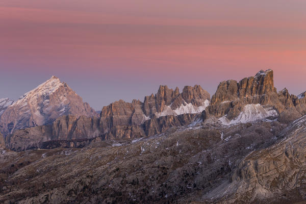 Sunset on Mount Antelao and on the spiers of the group Croda da Lago,Cortina d'Ampezzo,Belluno district,Veneto,Italy,Europe 