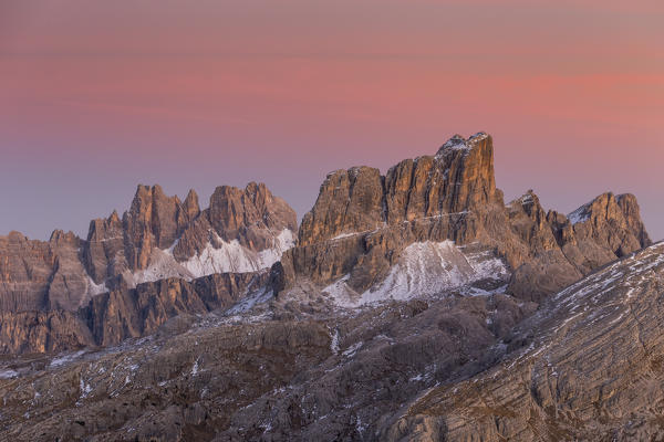 Sunset on the spiers of the group Croda da Lago and mount Averau,Cortina d'Ampezzo,Belluno district,Veneto,Italy,Europe
