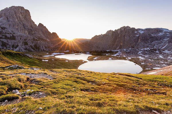 Sunrise at the Lakes of the Plans, Natural Park Three Peaks, Sesto Pusteria, Bolzano district, South Tyrol, Italy, Europe