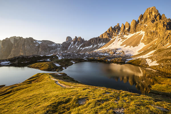 Sunrise at the Lakes of the Plans, Natural Park Three Peaks, Sesto Pusteria, Bolzano district, South Tyrol, Italy, Europe