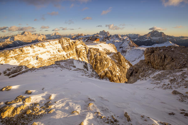 The Lagazuoi refuge at sunset in winter, Cortina d'Ampezzo,Belluno district,Veneto,Italy,Europe