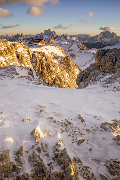 The Lagazuoi refuge at sunset in winter, Cortina d'Ampezzo,Belluno district,Veneto,Italy,Europe