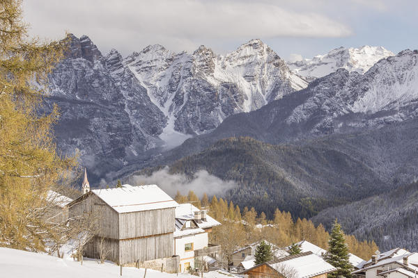 The village of Coi in Zoldo Valley after a snowfall,Belluno district,Veneto,Italy,Europe