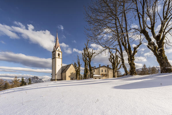 The church of Coi after a snowfall,Zoldo Valley,Belluno district,Veneto,Italy,Europe