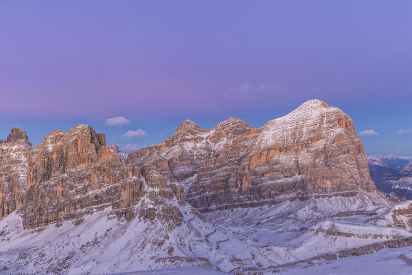 Winter sunset on groups of Fanes and Tofane,Mount Lagazuoi,Cortina d'Ampezzo,Belluno district,Veneto,Italy,Europe