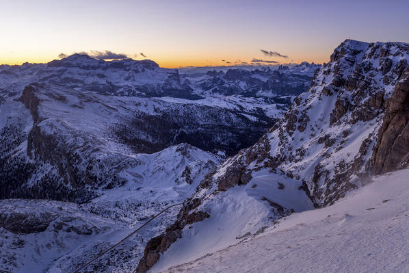 Blue hour in the Eastern Dolomites from Mount Lagazuoi,Cortina d'Ampezzo,Belluno district,Veneto,Italy,Europe