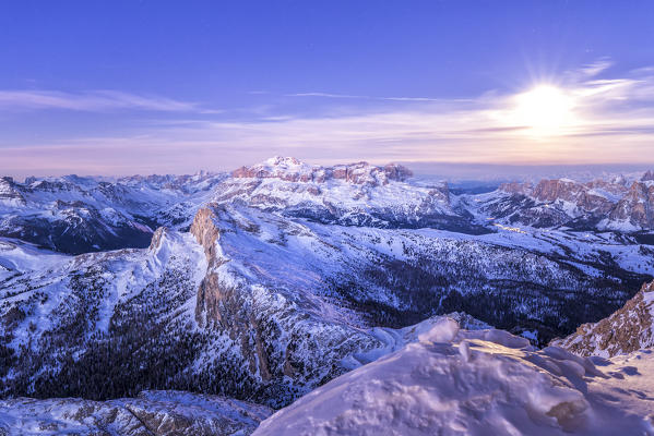 The first light of day meet the full moon,Mount Lagazuoi,Cortina d'Ampezzo,Belluno district,Veneto,Italy,Europe