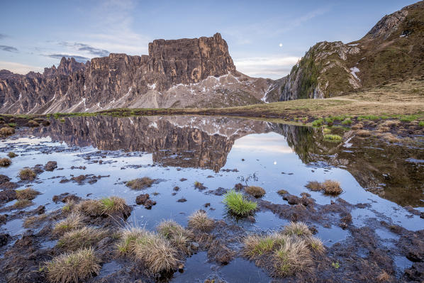 Mount Lastoi de Formin reflected in a pond after a thunderstorm,Giau pass,Colle Santa Lucia,Belluno district,Veneto,Italy,Europe