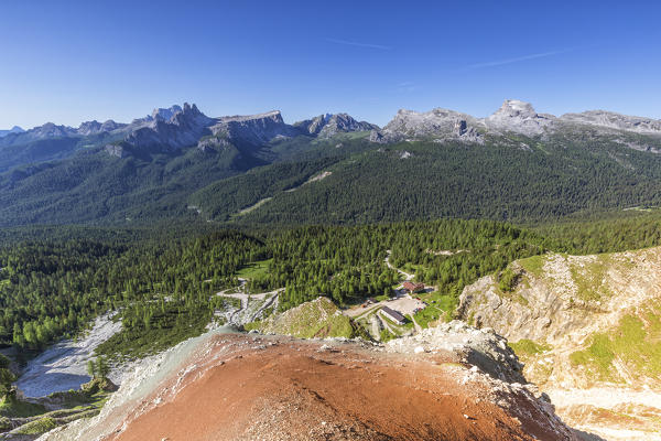 Great view of the Ampezzo Dolomites from  via ferrata Astaldi,Tofane group;Cortina d'Ampezzo,Belluno district,Veneto,Italy,Europe