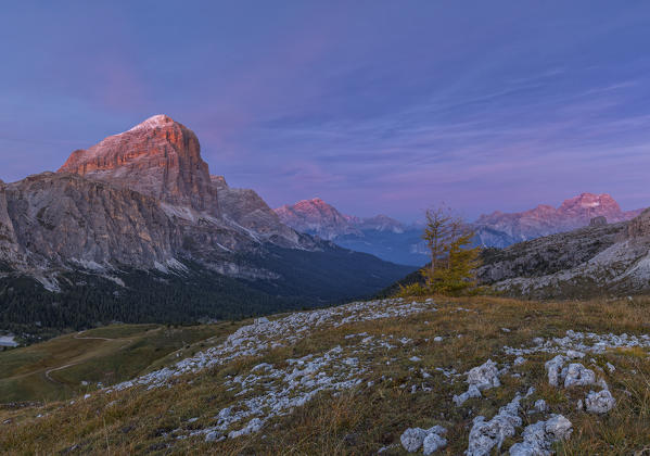 Group of Tofane,Mount Cristallo and Group of Sorapis at sunset,Cortina d'Ampezzo,Belluno district,Veneto,Italy,Europe