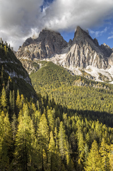 Mount Cristallo and Piz Popena in autumn,Cortina d'Ampezzo,Belluno district,Veneto,Italy,Europe