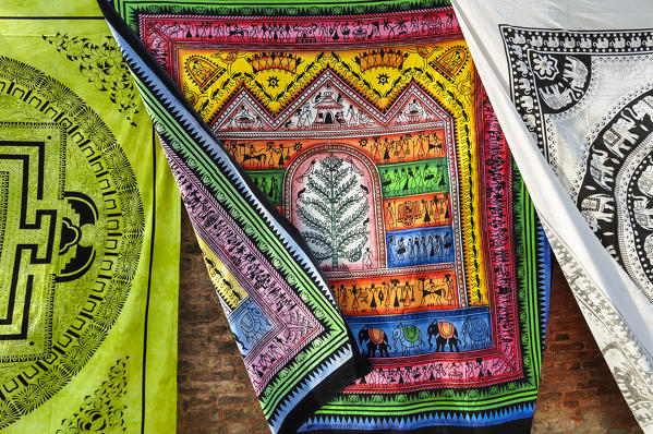 Silk fabrics printed by hand in the streets of Kathmandu,Nepal,Asia