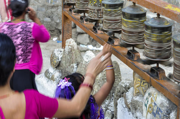 Rotating Prayer Wheels at Swayambhunath Temple, Kathmandu Valley, Nepal, Asia