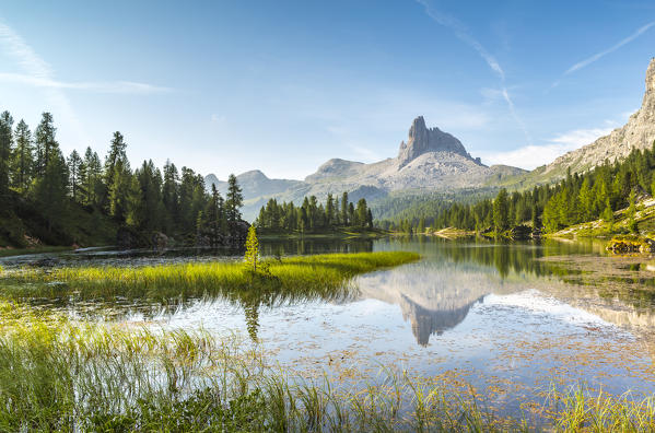 Mount Becco di Mezzodì and lake Federa;Cortina d'Ampezzo,Belluno district,Veneto,Italy