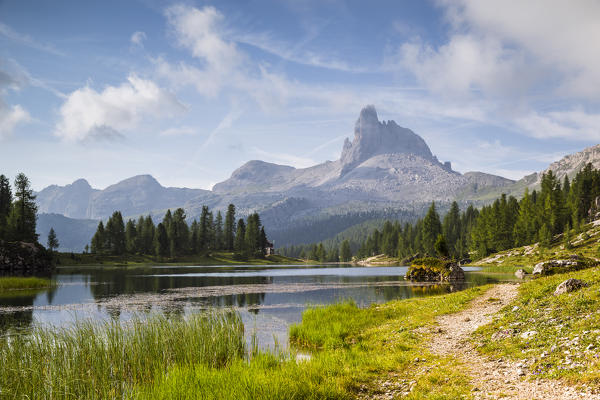 Mount Becco di Mezzodì and lake Federa;Cortina d'Ampezzo,Belluno district,Veneto,Italy