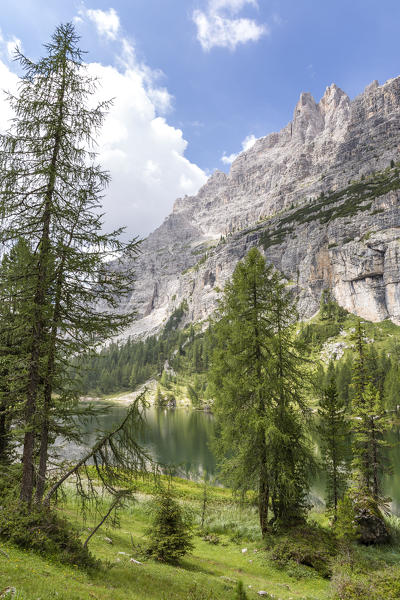 Mount Croda da Lago and Lake Federa,Cortina d'Ampezzo,Belluno district,Veneto,Italy