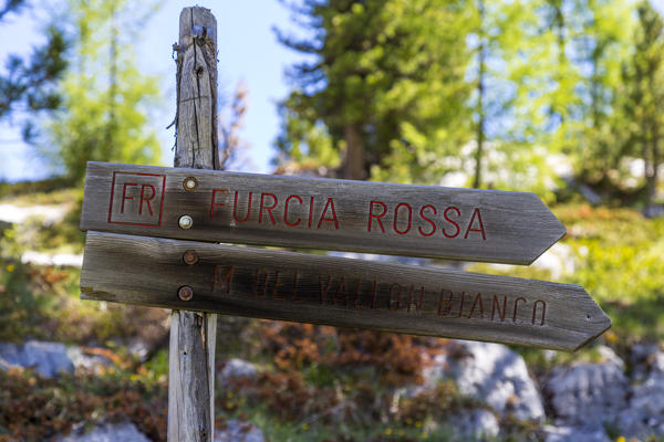 Trail signs along the path to mount Croda del Vallon Bianco,San Vigilio di Marebbe,Bolzano district,South Tyrol,Italy