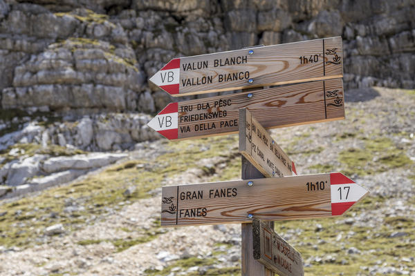 Trail signs along the path to mount Croda del Vallon Bianco,San Vigilio di Marebbe,Bolzano district,South Tyrol,Italy