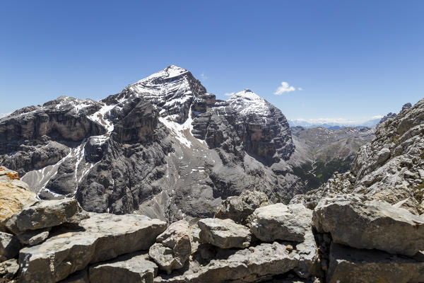 Italy,Veneto,Belluno district,Cortina d'Ampezzo,View of Tofane Group and Travenanzes Valley from a trench on top of Croda del Vallon Bianco