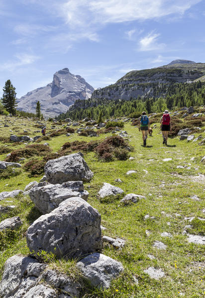 Italy,South Tyrol,Bolzano district,San Vigilio di Marebbe, Hikers in Fanes valley with Mount Piz Taibun in the background