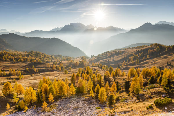 Giau pass in the warm autumn colors,Colle Santa Lucia,Belluno district,Veneto,Italy,Europe
