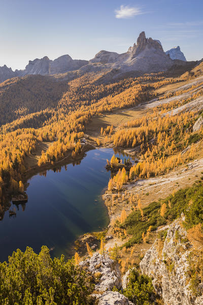 High angle view of lake Federa,Cortina d'Ampezzo,Belluno district,Veneto,Italy