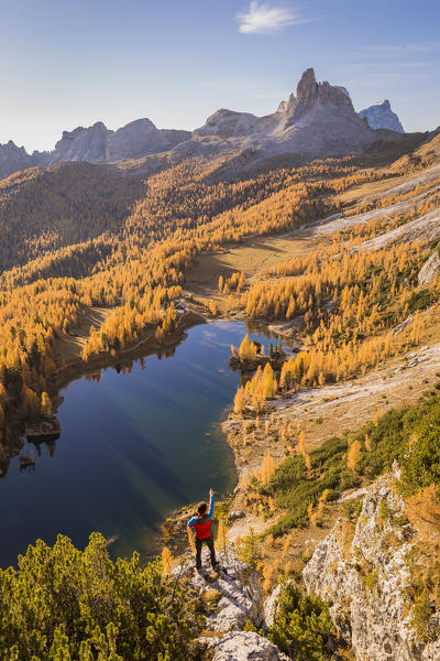 High angle view of lake Federa,Cortina d'Ampezzo,Belluno district,Veneto,Italy (MR)