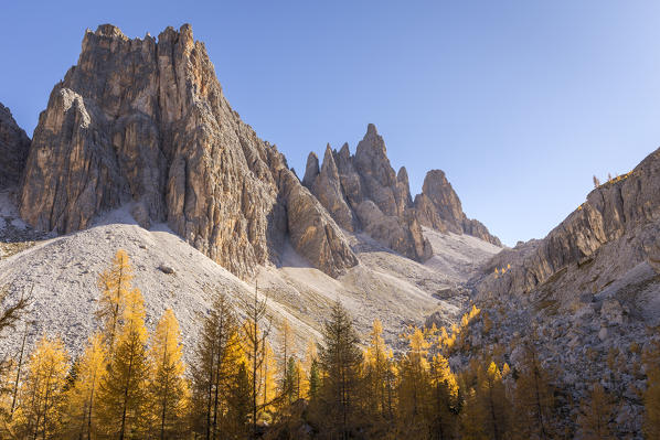 The walls of Croda da Lago dominate the Formin Valley,Giau Pass,Belluno district,Veneto,Italy