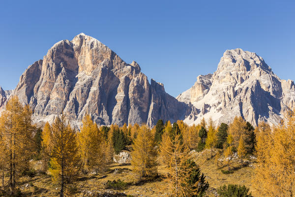 Tofana di Rozes and the Tofana di Mezzo divided by the Forcella Fontananegra Pass,Falzarego Pass,Belluno district,Veneto,Italy