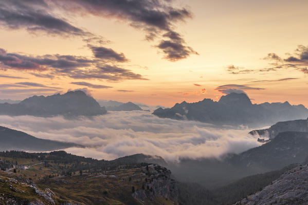 Morning fog covers Cortina d'Ampezzo and Boite Valley, Belluno district, Veneto, Italy