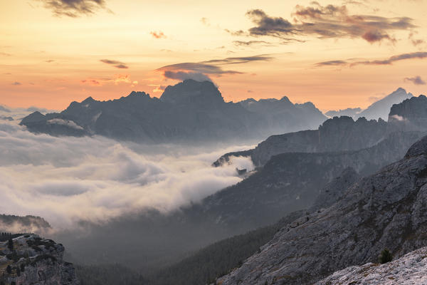 Morning fog covers Cortina d'Ampezzo and Boite Valley, Belluno district, Veneto, Italy