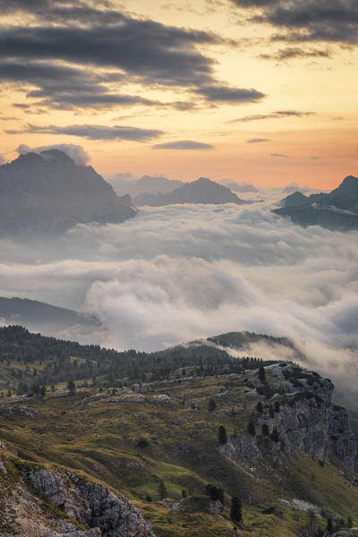 Morning fog covers Cortina d'Ampezzo and Boite Valley, Belluno district, Veneto, Italy