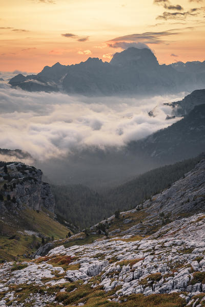 Morning fog covers Cortina d'Ampezzo and Boite Valley, Belluno district, Veneto, Italy