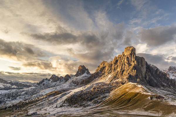 Mount Ra Gusela at sunset,Giau pass,Colle Santa Lucia,Belluno district, Veneto, Italy