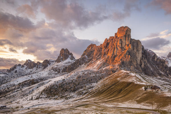 Mount Ra Gusela at sunset, Giau pass,Colle Santa Lucia,Belluno district, Veneto, Italy