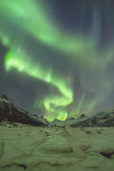 Northern lights with mountains and ice in the foreground. Kleppstad, Nordland county, Northern Norway, Norway.