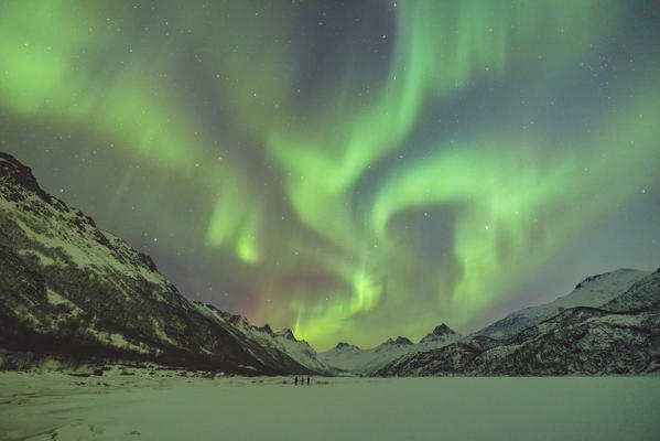 Northern lights with mountains and three people in winter. Kleppstad, Nordland county, Northern Norway, Norway.