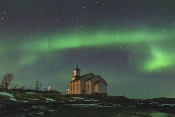 Church under the northern lights. Gymsoysand, Nordland county, Northern Norway, Norway.