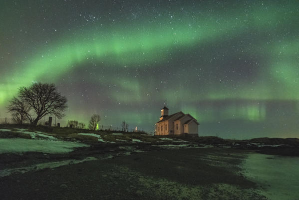 Church under the northern lights. Gymsoysand, Nordland county, Northern Norway, Norway.