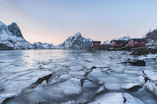 Reine Bay at sunset in winter. Reine, Nordland county, Northern Norway, Norway.