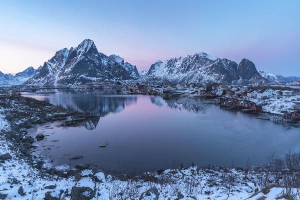 Reine Bay at sunset in winter. Reine, Nordland county, Northern Norway, Norway.